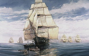black and white ship painting, sailing ship, frigates, artwork, men
