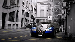 blue and black Bugatti car