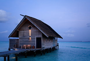 brown wooden seashore dock and house on sea water photography, maldives, maldives