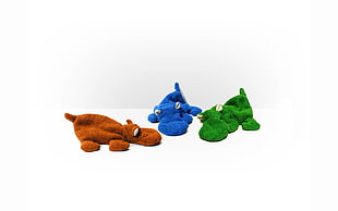 three assorted-color animal plush toys, white background, simple background, orange, blue