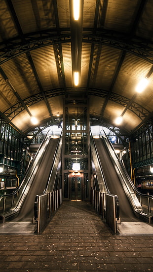 two gray escalators, train station HD wallpaper