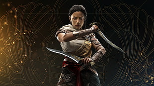 female fictional character holding weapon digital wallpaper