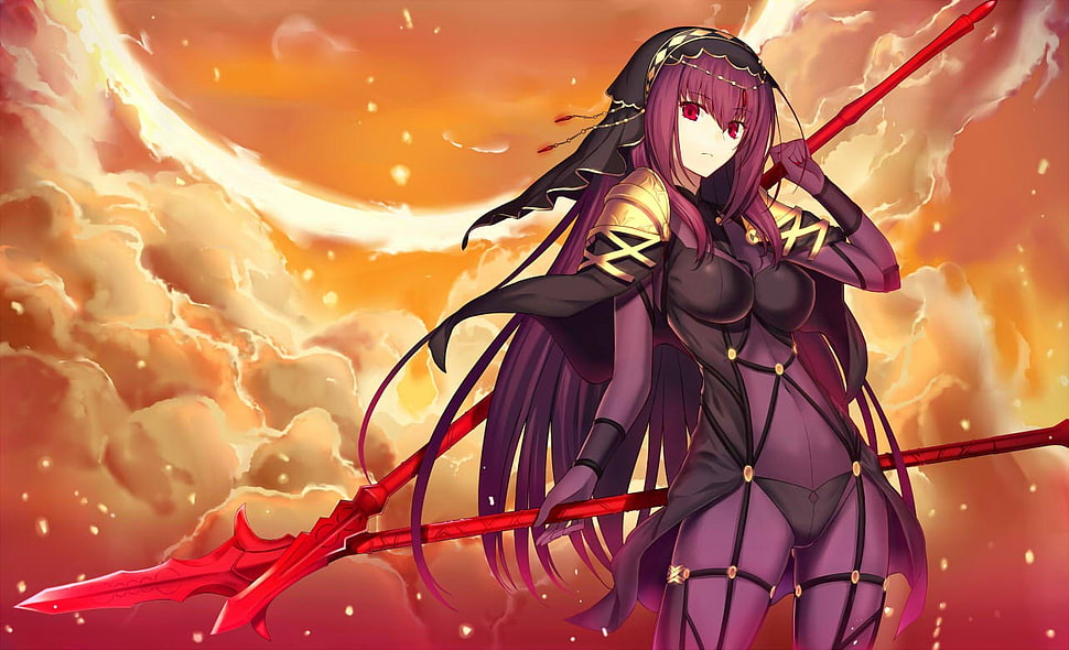 purple-haired female anime character holding two spears, Fate/Grand Order, Scathach ( Fate/Grand Order ), Lancer (Fate/Grand Order) HD wallpaper