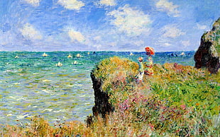 painting of two people on cliff, painting, sea, cliff, Claude Monet HD wallpaper