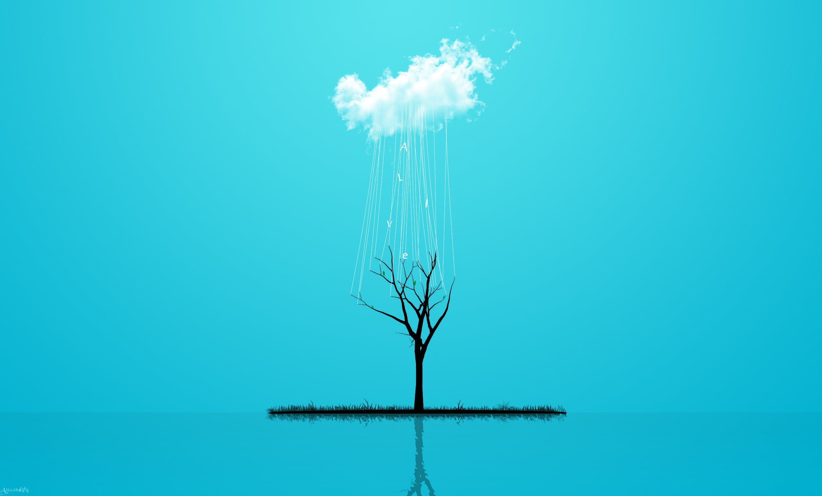 silhouette of bare tree illustration, clouds, trees, digital art, blue background
