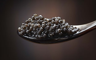 selective focus photography of black beans on spoon