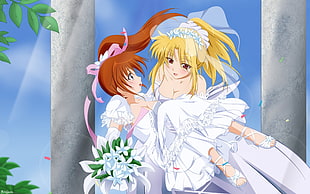 two girls wears white dress anime character