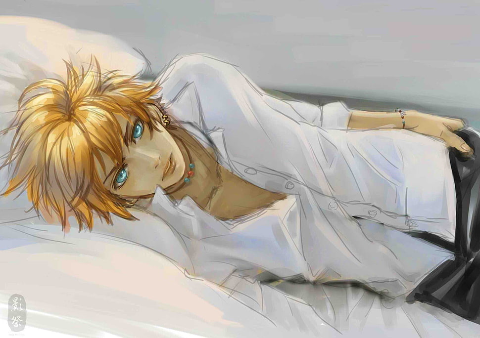 blonde haired man in white dress shirt illustration HD wallpaper