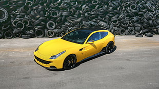 yellow and black sports coupe, Ferrari FF, tires, yellow cars, car