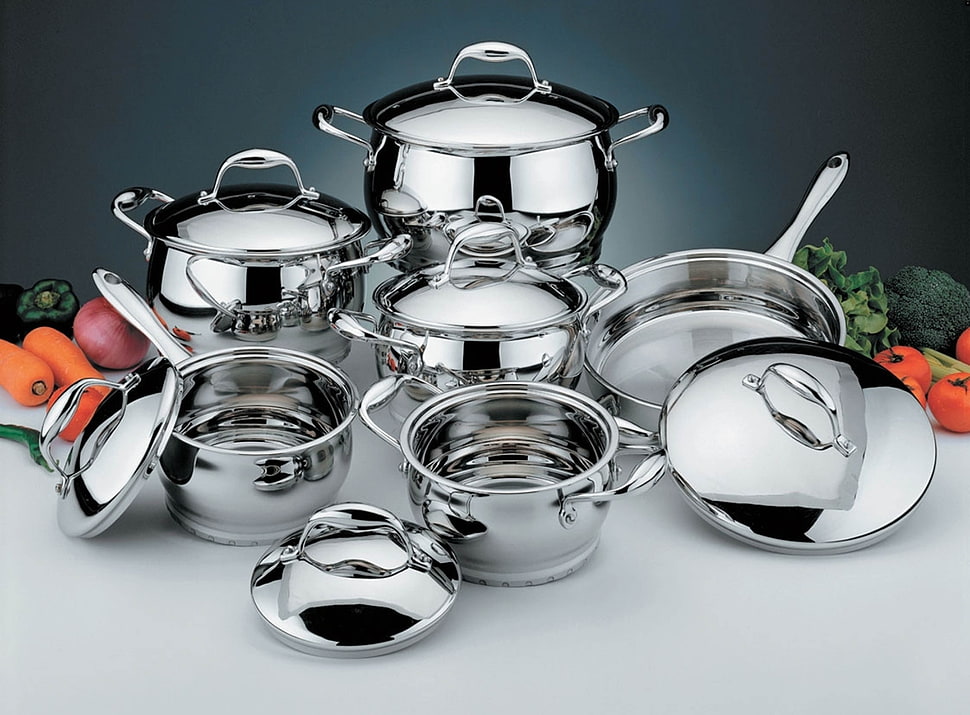 gray stainless steel cookware set HD wallpaper
