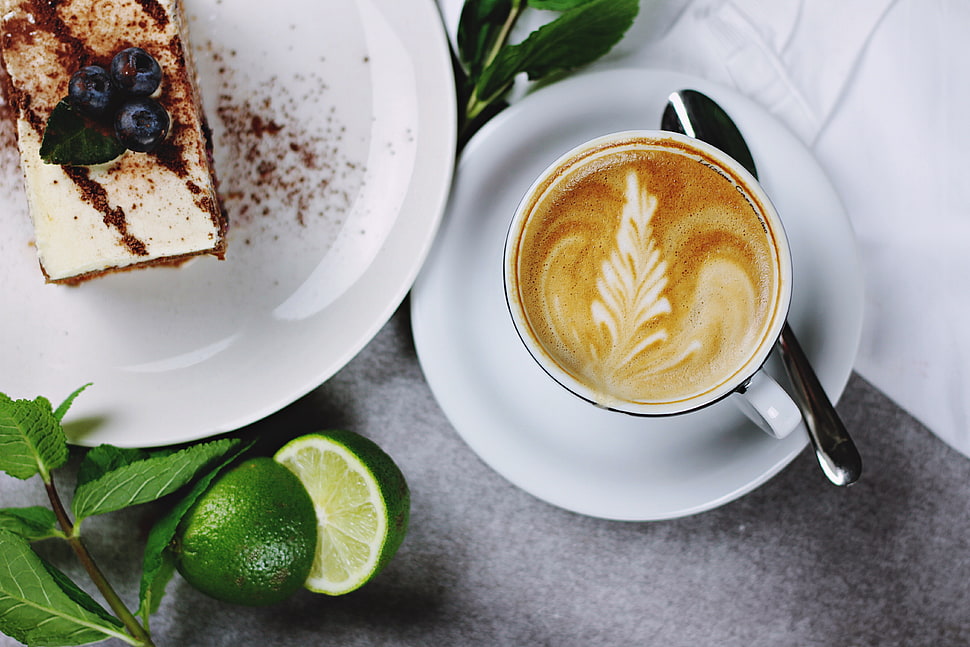 white ceramic mug with saucer, coffee, fruit, lemons, cup HD wallpaper
