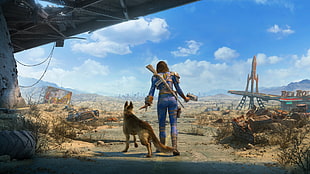 game character holding pistol standing beside German shepherd dog, Fallout 4, Dogmeat, weapon, apocalyptic