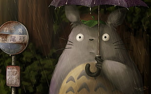 black rabbit holding umbrella painting, Totoro