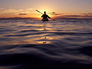 silhouette of person on canoe wallpaper, sea, water, boat, kayaks