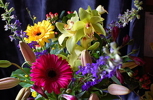 pink, green and yellow bouquet of flowers