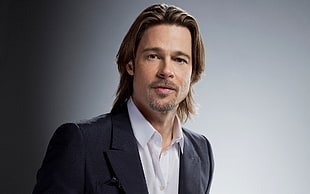 men's black peaked lapel suit jacket, Brad Pitt