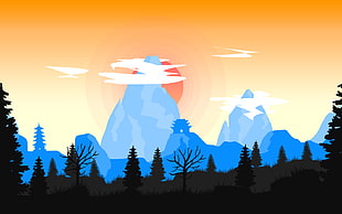 painting of blue mountains and silhouette forest