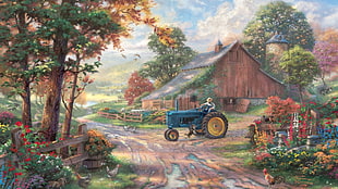 blue tractor bear brown barn painting, painting, farm, barns, chickens HD wallpaper