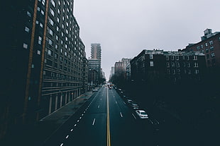 white vehicle, city, street, filter, mist