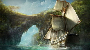 white and brown galleon ship illustration, old ship, ship, rocks, water HD wallpaper
