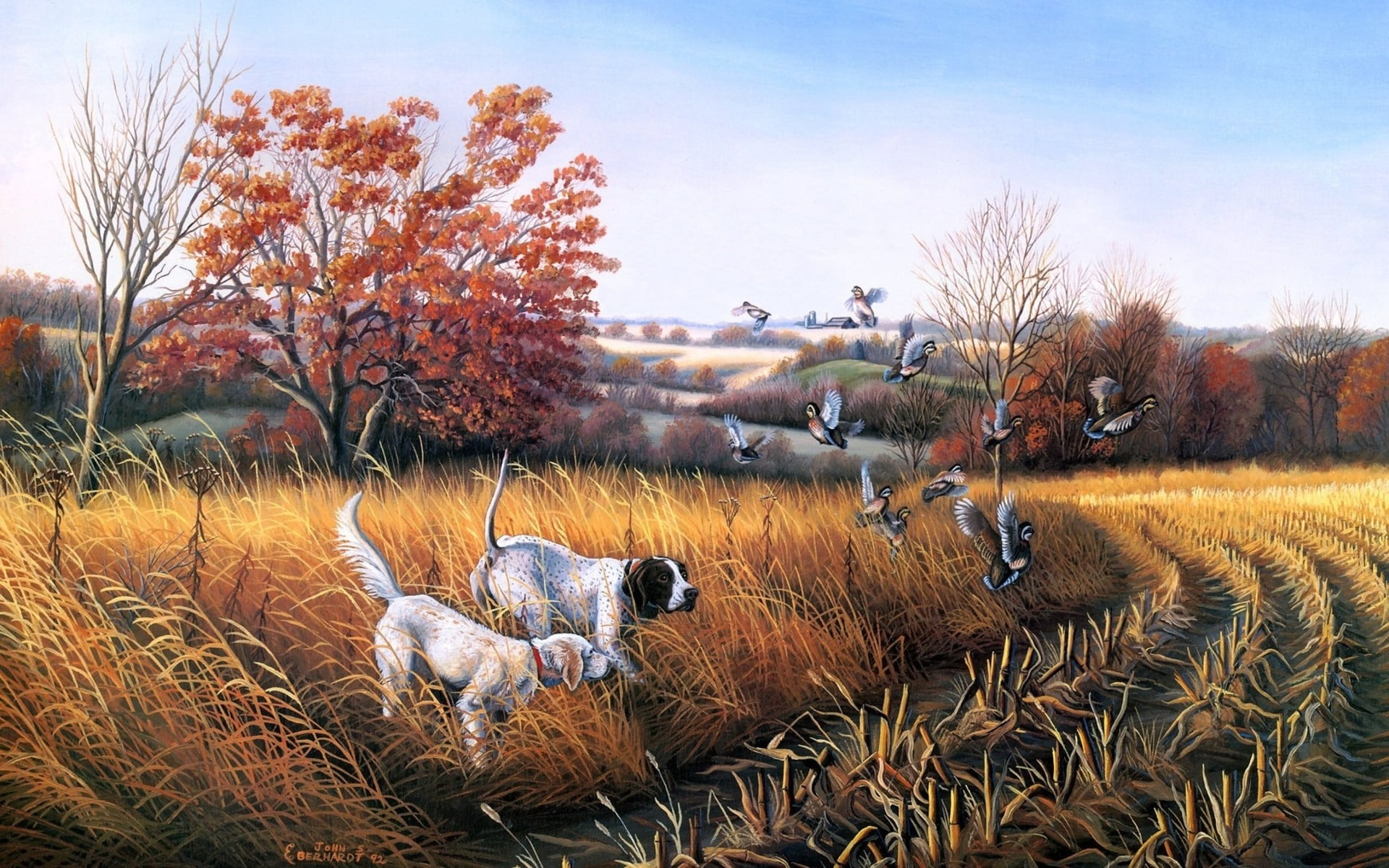 dogs on grass painting, dog, birds, landscape, fall