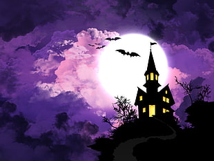 silhouette of castle on moon with bats flying graphic poster HD wallpaper