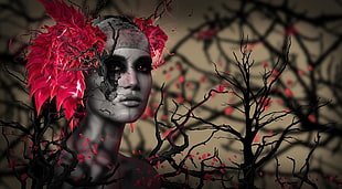 woman's face with twigs and red flower headpiece