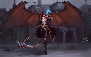 red haired female anime character with wings, scythe