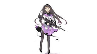 female anime character holding rifle wallpaper, anime, Mahou Shoujo Madoka Magica, Akemi Homura, violet eyes