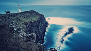 landscape photography of lighthouse near shore, landscape, lighthouse, sea, cliff HD wallpaper