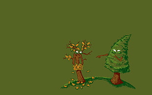 green and brown tree illustration, fall, green, pine trees, humor HD wallpaper