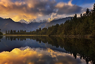 mountain ranges and body of water digital wallpaper, trees, landscape, lake, New Zealand