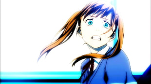 female anime wearing blue top, anime