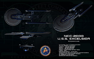 black NCC-2000 U.S.S. Excelsior with text overlay, Star Trek, USS Excelsior
