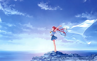 female anime character in crop top and mini skirt, beach, landscape, sky, clouds