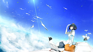 black haired female anime character sitting on cloud HD wallpaper