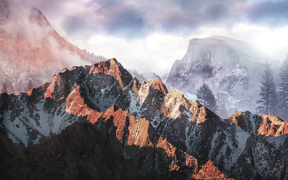 brown rock mountain, sunset, landscape, artwork, forest HD wallpaper