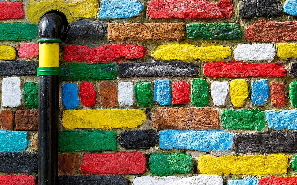 red, blue, and green area rug, bricks, texture, wall, colorful HD wallpaper