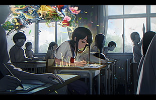 female anime character, classroom, flowers, gray background, school HD wallpaper
