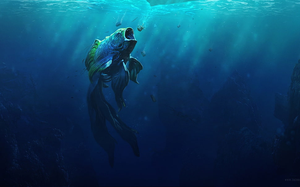 blue and green fish, digital art, fish, creature, fantasy art HD wallpaper