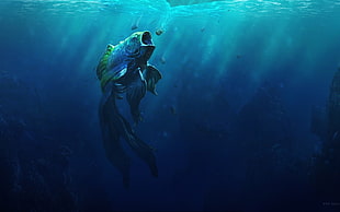 blue and green fish, digital art, fish, creature, fantasy art