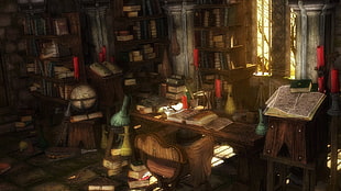 brown wooden desk with books near window digital wallpaper, library, fantasy art, books