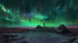 person standing under Aurora clouds digital wallpaper, aurorae, green, landscape, fantasy art