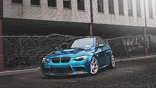 blue BMW 5-door hatchback, car, blue cars, BMW, BMW E92 HD wallpaper