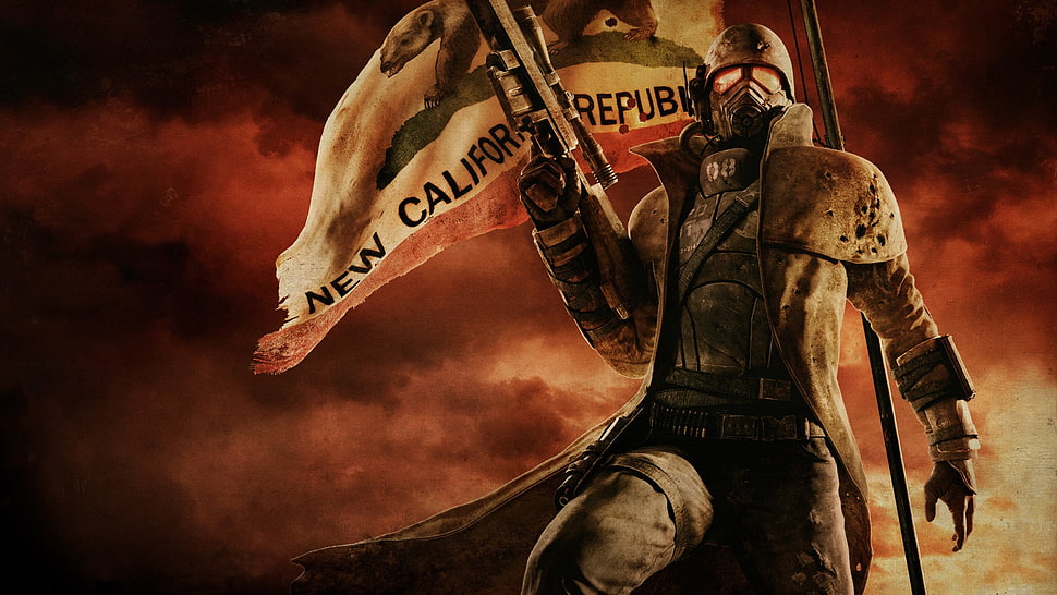 man wearing robe and helmet holding black rifle while standing beside California Republic flag digital wallpaper, Fallout, Fallout: New Vegas, NCR, rangers HD wallpaper