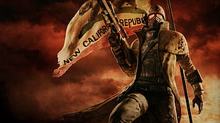 man wearing robe and helmet holding black rifle while standing beside California Republic flag digital wallpaper, Fallout, Fallout: New Vegas, NCR, rangers