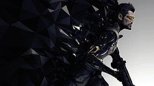 man wearing black suit holding rifle digital wallpaper, Deus Ex, Deus Ex: Mankind Divided, Square Enix, Adam Jensen HD wallpaper