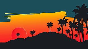 silhouette of coconut trees painting, digital art, landscape, mountains, palm trees