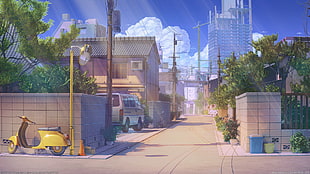 yellow scooter beside post lamp illustration, digital art, artwork, landscape, cityscape