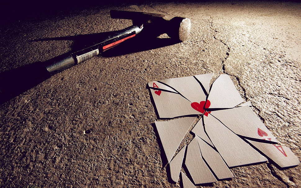 cracked Ace of heart playing card, cards, hammer HD wallpaper
